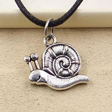 Imagem de EDCRFV Colar de caracol pingente de prata tibetano cordão de couro preto feito à mão