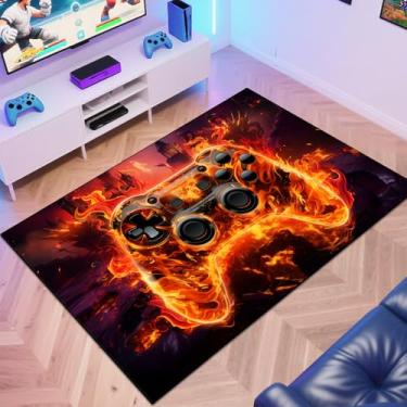 Imagem de Joavwn Tapete Para Área De Jogos, Carpete Meninos Adolescentes, Fundo Transparente 3D, Design Controle Jogo Quarto, Sala Jogos Meninas, Estar (Hellfire, 63" X 47")