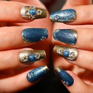 Imagem de Sethexy Prego de pressão de caixão médio - glitter, ponta francesa dourada, design de strass, unhas postiças de acrílico para mulheres, 15 tamanhos – kit de 30 peças com cola