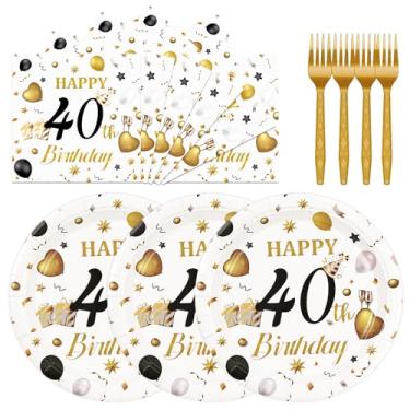 Imagem de HFBOBP 75 peças de pratos e guardanapos de aniversário de 40 anos, decoração de festa, 17,8 cm, branco e dourado, papel feliz 40º aniversário, sobremesa, pratos e guardanapos, lembrancinhas de festa