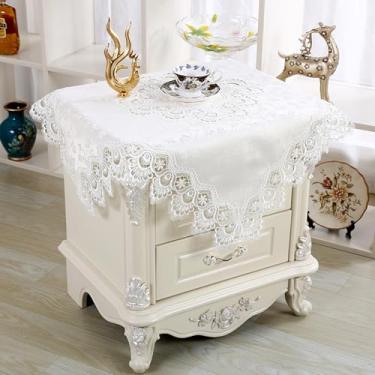 Imagem de Wuluwala Toalha de mesa quadrada de cabeceira capa de mesa de renda macramê toalha de mesa bordada floral pequena toalha de mesa de tecido de cetim decoração para festival de casamento, festa, vaso