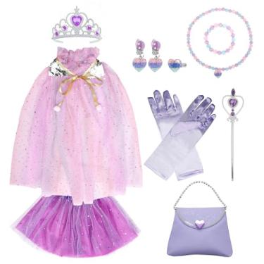 Imagem de Roupas de princesa, 11 peças, fantasia de princesa, colar de saia com capa de menina, capa de princesa com brinquedos de coroa infantil (roxo)