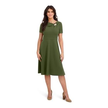 Imagem de London Times Vestidos de trabalho femininos com gola assimétrica, manga curta, ajuste e flare para convidados de casamento, Rifle Green, 40