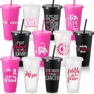 Imagem de Willinglong Pacote com 12 copos de plástico para presente de conscientização do câncer de mama com tampas e canudos 680 g de outubro com fita rosa em 12 designs suprimentos de festa para eventos