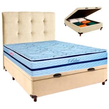 Imagem de Cama Box Bau + Colchão Casal Molas Ensacadas Blue Paropas + Cabeceira Estofada