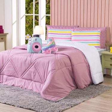 Imagem de Kit Edredom SOLTEIRO Menina Teen Rosa com Almofadas Estampadas 05 Peça