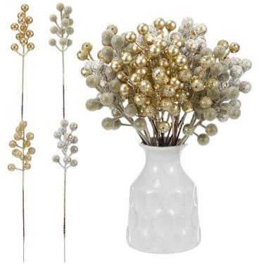 Imagem de Syhood Conjunto de 40 hastes de 24 cm, champanhe, ouro, champanhe, artificial, bagas de azevinho, 4 estilos, sprays de glitter, bagas falsas na neve, galhos de árvore de Natal, enchimentos, enfeites