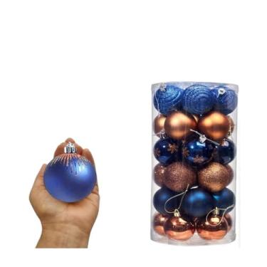 Imagem de 30 Bolas De Natal 6cm Enfeites Natalino Árvore Decorada Pinheiro Presente Ornamentos Festa Christmas Ball Natalina (Azul-Cobre)