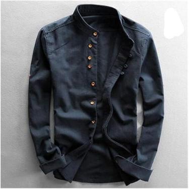 Imagem de Camisas Masculinas De Linho De Algodão Manga Comprida Masculinas Camisas De Gola Fina Camisa De Praia De Verão Plus Size 6xl Casual, 34961 Blue, 4XL.