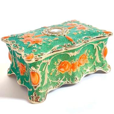 Imagem de Baú de joias rosa estilo pastoral caixa de metal bugiganga vintage bandeja de armazenamento de pedras preciosas lembrança de tesouro estojo de presente para meninas mulheres (verde estrelado dourado