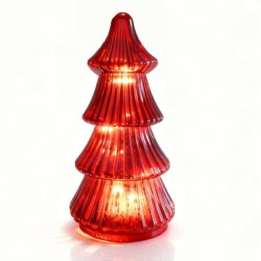 Imagem de Árvores de Natal de vidro mercúrio com luzes LED e temporizador, 23 cm de vidro mercúrio, centro de mesa para decoração de casa de férias (vermelho-A)