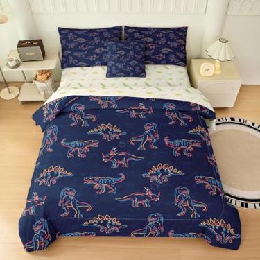 Imagem de Yadangxiawa Jogo de cama solteiro de dinossauro, 6 peças, para adolescentes, com 1 colcha + 1 lençol de cima + 1 lençol com elástico + 2 fronhas + 1 capa de almofada (solteiro)
