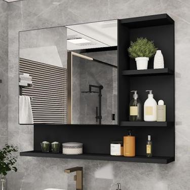 Imagem de Espelheira Armário para Banheiro com Porta e Espelho 60cm – MDF/MDP – Nicho Interno – Design Moderno (Preto)