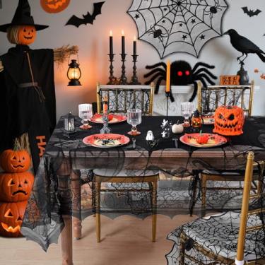Imagem de LuoluoHouse Toalha de mesa de renda para Halloween, 152 x 203 cm, retangular, sobreposições de abóbora, toalha de mesa gótica para decoração de festa, piquenique, jantar