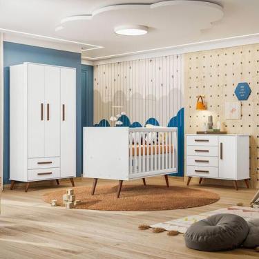 Imagem de Quarto De Bebê Completo Retrô 3 Peças Berço, Guarda-Roupa, Cômoda - Qm