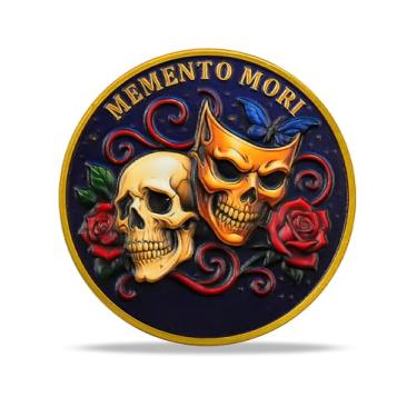 Imagem de Memento Mori Moeda Desafio Tempus Fugit Coins Design Crânio Mascarado Dourado Token de Prática Estoica Diária Presente Inspirador para Homens Mulheres Crianças