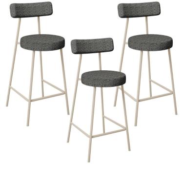 Imagem de Kit 03 Banquetas Baixa Cozinha Sala Jantar Bancada Milão Arena L02 Linho Mescla Chumbo - Lyam Decor