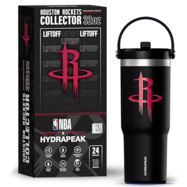 Imagem de Hydrapeak Copo de aço inoxidável Nomad 947 ml oficialmente licenciado pela NBA Houston Rockets com alça e tampa de palha, garrafa de água à prova de vazamento em caixa de presente de colecionador