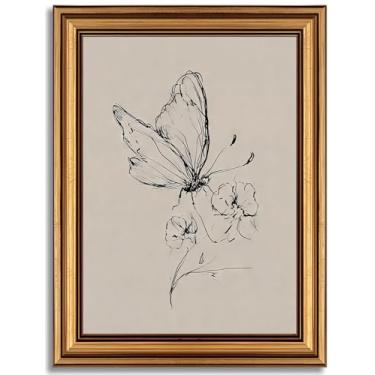 Imagem de Arte de parede em tela emoldurada dourada vintage borboleta flor linha pintura imagem botânico inseto decoração de parede minimalista preto branco pôster impressão para decoração de casa de fazenda