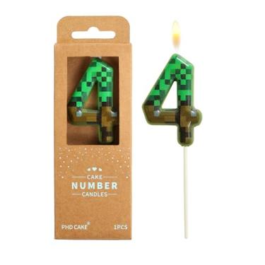 Imagem de PHD CAKE Velas de aniversário com número 4 pixels, número de 6 cm, velas verdes com número de mineiro, velas com número de bolo, celebração de festa, vela estilo