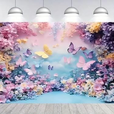 Imagem de Pano de fundo floral para fotografia de borboleta, roxo, rosa, azul, para meninas, tema de princesa, borboleta, aniversário, chá de panela, chá de bebê, festa de aniversário (C, 2,1 x 1,5 m)