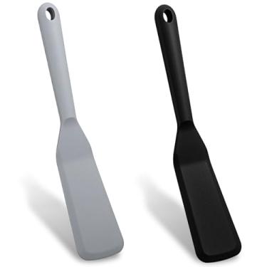 Imagem de Pacote com 2 espátulas finas de silicone, espátula longa de crepe resistente ao calor, espátula antiaderente para cozinha, ovo, pizza, panqueca, bife (preto)