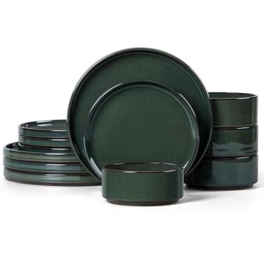 Imagem de LIANYU Conjuntos de pratos e tigelas para 4, conjunto de 12 peças de louça de grés, louça de jantar de cerâmica para macarrão sobremesa cereal, fundo de terracota rústica, resistente a lascas e seguro