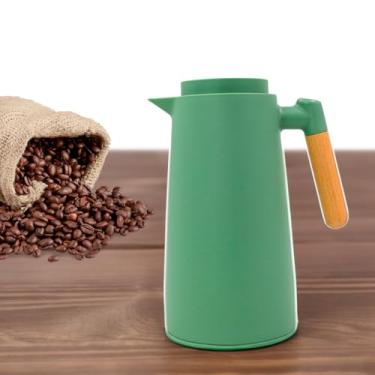 Imagem de Garrafa Térmica Verde com Cabo de Madeira, Aço Inox e Plástico, 1 Litro, Tampa Rosqueável com Vedação, 25cm x 12,5cm, para Café e Chá