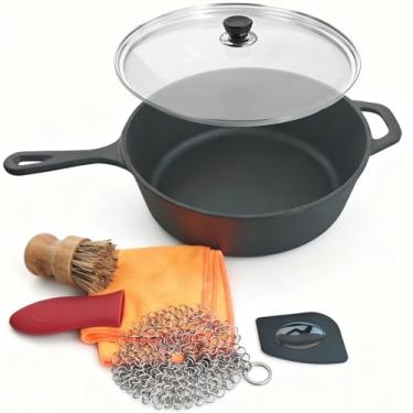 Imagem de MXWLEIEL Frigideira de ferro fundido – Frigideira de 26 cm com alça de gota, tampa redonda de vidro temperado, conjunto de 5 peças de limpador de ferro fundido para forno, fogão, cozimento doméstico