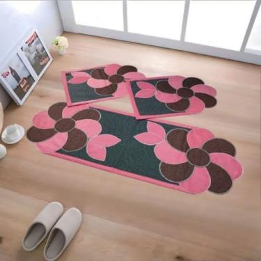 Imagem de Passadeira，Kit de Jogo de Tapete de Cozinha Antiderrapante, Tapete com Padrão Tecido com 3 Peças，Suave Ao Toque(#15 Cinza Flôr Rosa/Mar..Bison)