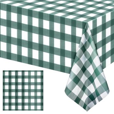 Imagem de Pacote com 4 toalhas de mesa xadrez verde sálvia listradas, capas de mesa retangulares de plástico descartáveis, 137 x 272 cm, toalhas de mesa quadriculadas verdes para piquenique, aniversário, festa