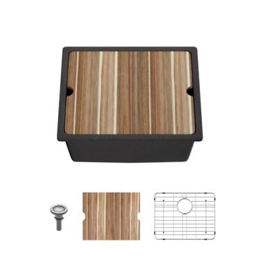 Imagem de Mocoloo Pia de cozinha composta de granito de 53 cm - 53,3 cm x 45,7 cm preto para barra de borda, pia de barra de tigela única de quartzo preto fosco