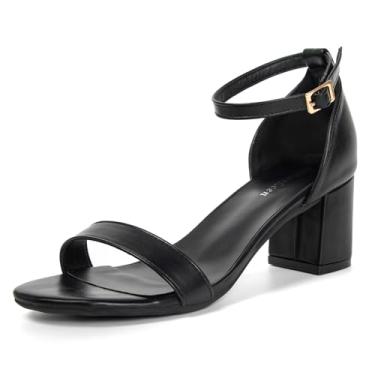 Imagem de qibusleen Sandália feminina de salto com duas tiras de camurça preta com tiras no tornozelo salto aberto 5 cm salto baixo sem ruído verão festa de casamento trabalho sandália sapatos, Poliuretano