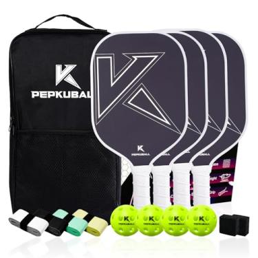 Imagem de Conjunto de 4 raquetes de pickleball de fibra de vidro branca – Raquetes leves e duráveis com aderência confortável, inclui 4 bolas e bolsa de transporte, 4 fitas adesivas, 2 borrachas para brincar em