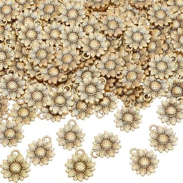Imagem de SUNNYCLUE 120 peças pingentes de flor de ouro de girassol de metal a granel tibetano antigo liga de verão pingentes em forma de flor para fabricação de joias, brincos, colares, pulseira, chaveiro