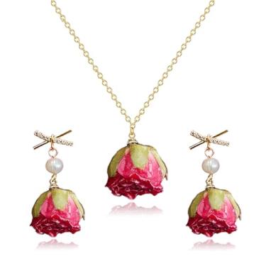 Imagem de RLHRNDE Conjunto de brincos de flor de rosa natural para mulheres, feito à mão, resina, fundição, vermelho, amarelo, flor, laço exclusivo de strass brilhante, flor de pérola, brincos pendentes para o