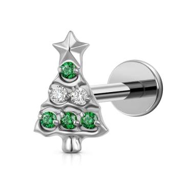 Imagem de FINE4U Tiny Christmas Tree Piercing Jewelry 16G 6mm 8mm - ASTM F136 Titanium Flat Back Stud Cartilage Earring for Tragus Helix Flat, Presentes de Natal, 16G(1.2mm), Titânio, Zircônia cúbica