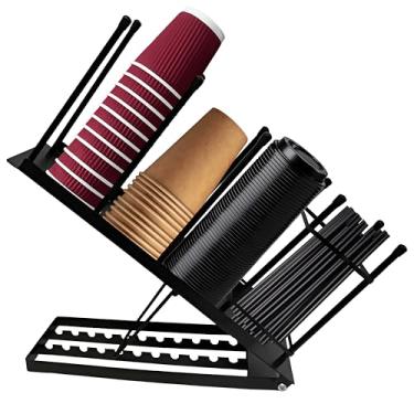 Imagem de ZERRYL Suporte de copo e tampa com organizador de canudo – 5 compartimentos ajustáveis, copo de café e dispensador de tampa para bancada, sala de descanso, estação de café e bar (preto)