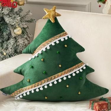Imagem de AELS Almofada decorativa para árvore de Natal com sino dourado e pompom, 50 cm para decoração de Natal, almofadas decorativas em forma de árvore de pelúcia para sala de estar, quarto, sofá