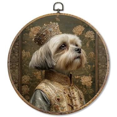 Imagem de Sufamb Decoração de arte de parede redonda estilo renascentista Shih Tzu, presentes Shih Tzu, arte em tela emoldurada, decoração de impressão de cachorro rei Shihtzu para decoração de casa, quarto