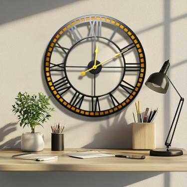 Imagem de Eruner Relógio de parede grande silencioso: 61 cm moderno metal preto com moldura de madeira maciça - relógio operado por bateria sem tique-taque para sala de estar/quarto/cozinha/escritório