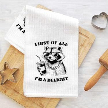 Imagem de Toalhas de cozinha de óculos de sol guaxinim legais, em primeiro lugar, I' m a Delight toalha de prato decorativa de microfibra absorvente, toalhas de chá de waffle para cozinha, casa, banheiro