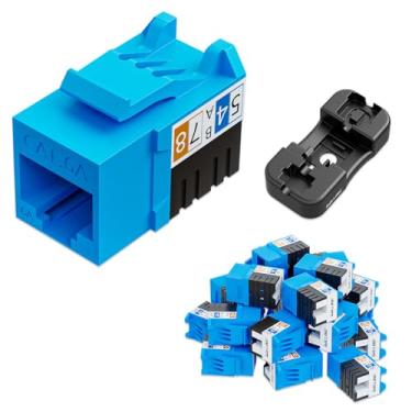 Imagem de iwillink Conector Keystone de 10 Gbps, conector Keystone RJ45, pacote com 25 e suporte perfurador Keystone, inserção de conector Ethernet modular UTP 90 graus, adaptador Keystone Punch Down (azul