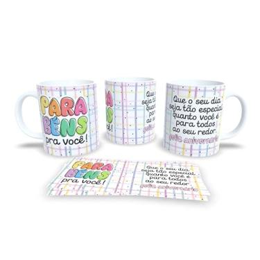 Imagem de Caneca Cerâmica Decorativa Parabéns Amiga, Design Listrado Pastel com Ilustrações, 325ml, Presente para Aniversário (17906)