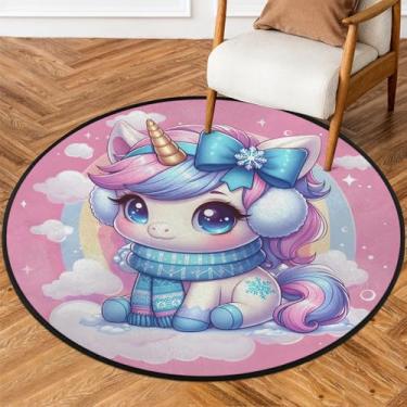 Imagem de Tapete redondo de 1,8 m arco-íris unicórnios fofos tapetes de área de círculo macio antiderrapante lavável tapete circular para quarto interno quarto berçário sala de estar cozinha banheiro entrada