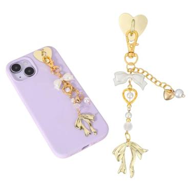 Imagem de Correntes Charm para Kindle, Corrente Charm Leitor Eletrónico Delicada com Laço Coração Pérola Decorativo Elemento para Decoração Capa de Telemóvel Tablet Leitor Eletrónico(Dourado e Branco)