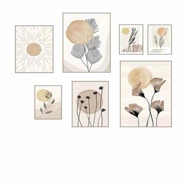 Imagem de PHWWDSUQA 7 peças boho folhas sol flores, planta natureza arte abstrata, pintura nórdica pôsteres e impressões imagens de parede 20x30*3/30x40*2/40x60*2Sem moldura