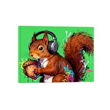Imagem de Animais Pintura Arte Parede - Esquilo Ouça Música - Impressões em tela - Moderno Colorida Pôster para decoração sala de estar 30x40cm Tela Embrulhada