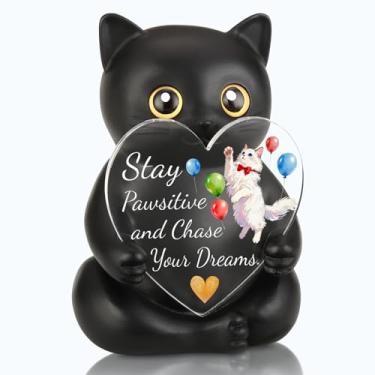 Imagem de VYNWPDFLI Estatueta inspiradora de gato preto, presente encorajador para estudantes, graduados, decoração de mesa positiva para amantes de gatos, estátua de resina edificante para caçadores de sonhos
