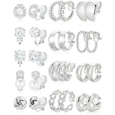 Imagem de Tornito 13 pares de brincos de argola para mulheres, grossos, não perfurados, zircônia cúbica, nó de pérola, croissant, tubo torcido, conjunto de brincos, brincos falsos, joias, banhado a ouro 14